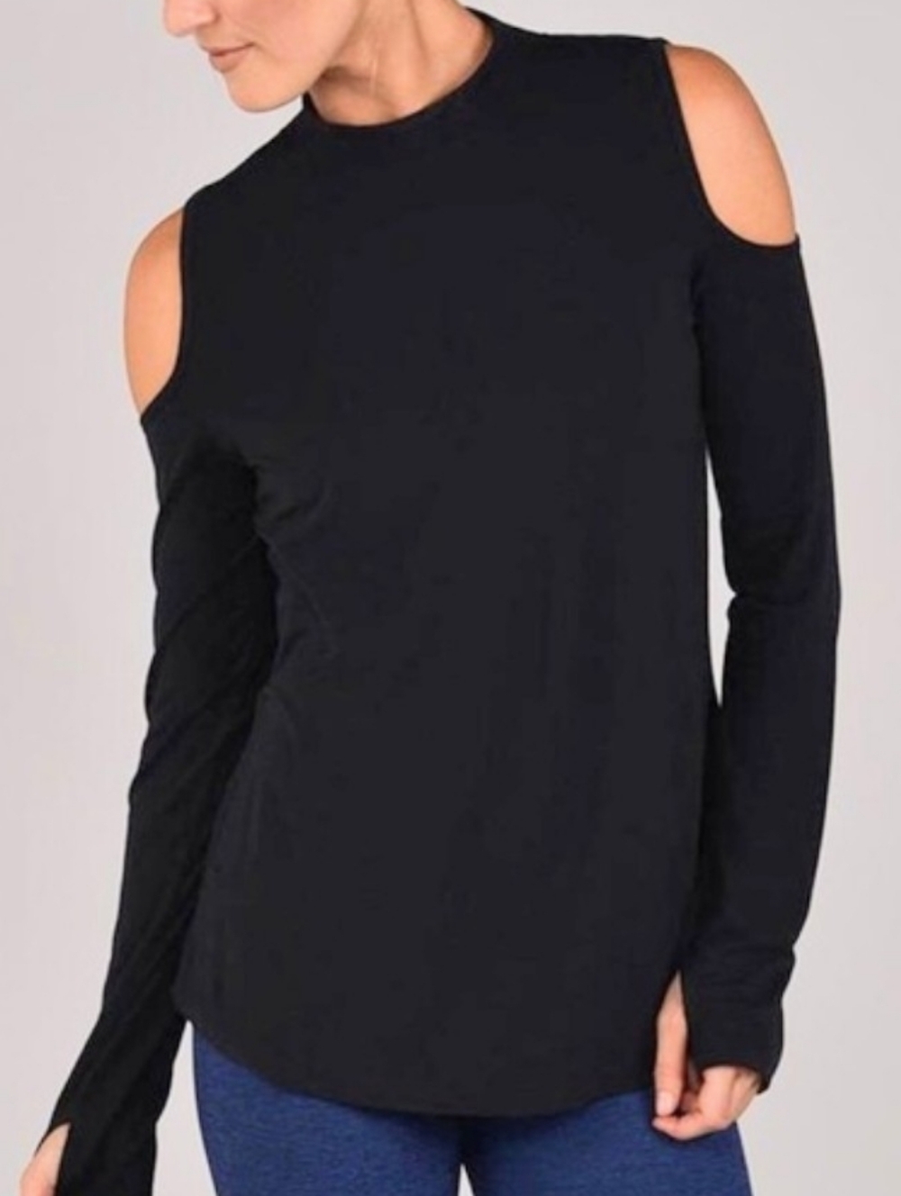 Glyder Black Mock Neck Cold Shoulder Thumbhole Loose Fit Athleisure Top XS